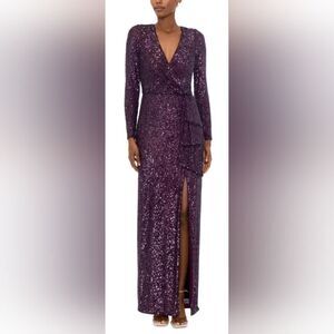 Xscape Mulberry Purple Sequin Long Sleeve Column Gown Size 10 NWOT